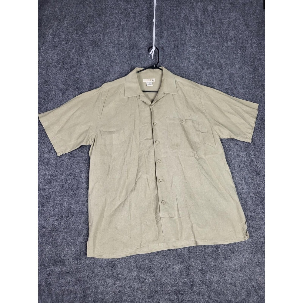 Trust USA‎ Linen Blend Camp Shirt Mens L Button Up Short Sleeve Tan Casual Beach